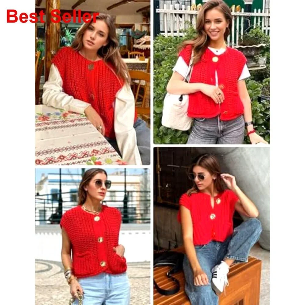 Sleeveless Crop Knit Cardigan Vest with Pockets Casual Button Down